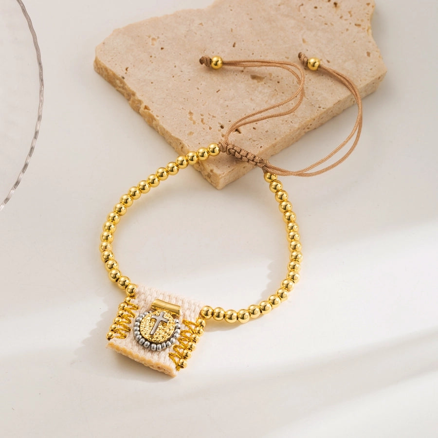 Copper 18K Gold Plated Beaded Cross Religious Belief Bracelets