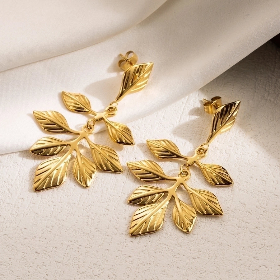 1 pair ig style leaves flower ginkgo leaf plating stainless steel drop earrings